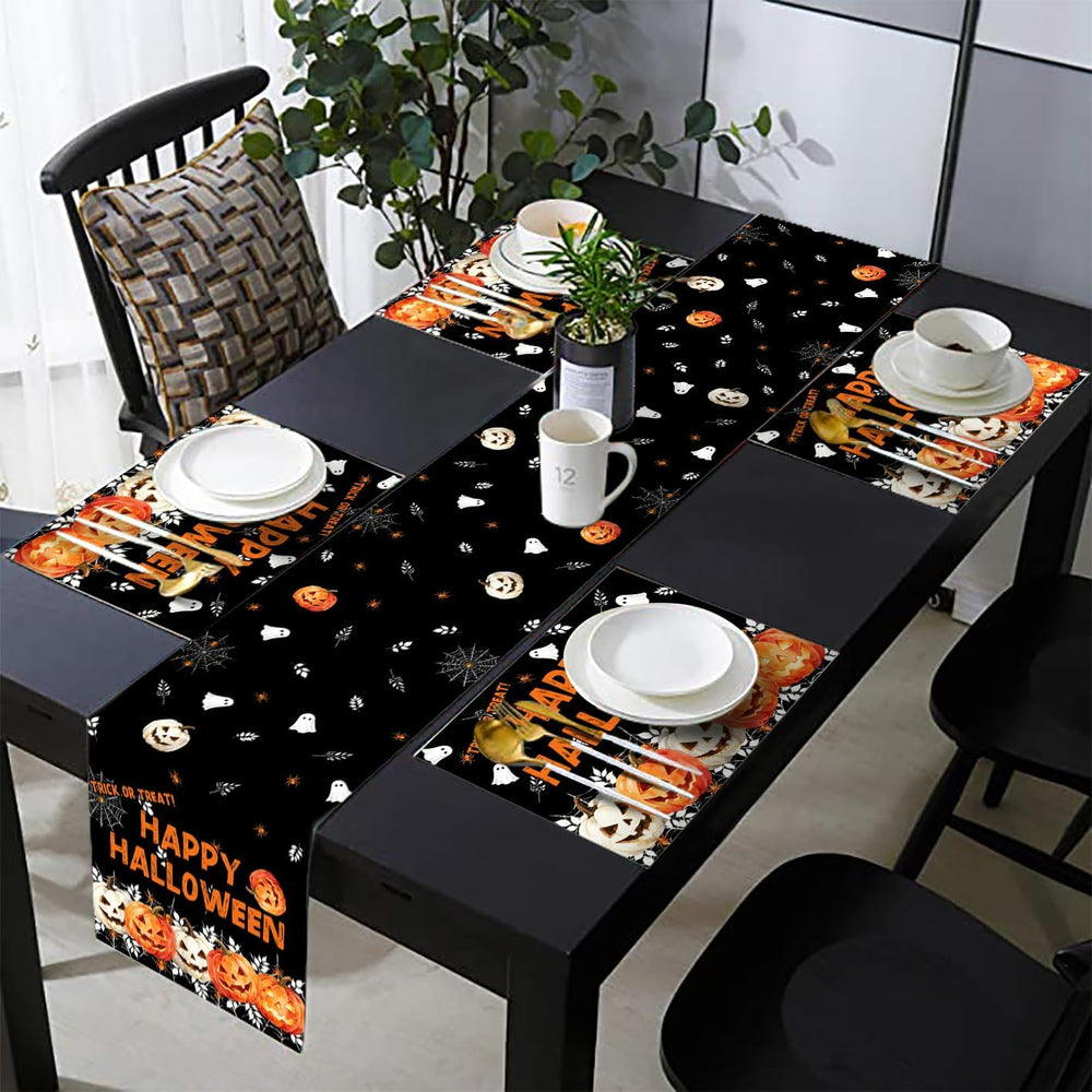Happy Halloween Pumpkin Ghost Table Runner and Place Mats Set of 6 108 in