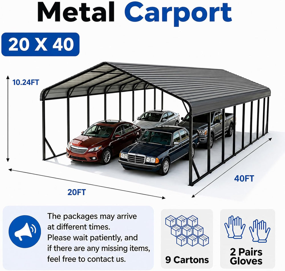 Gray 20x40 FT Large Heavy Duty Metal Carport