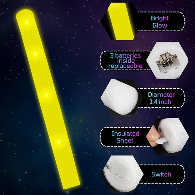 Foam Glow Sticks Bulk, 30 PCS Yellow Light Up Foam Sticks 3 Modes, Glow Party...