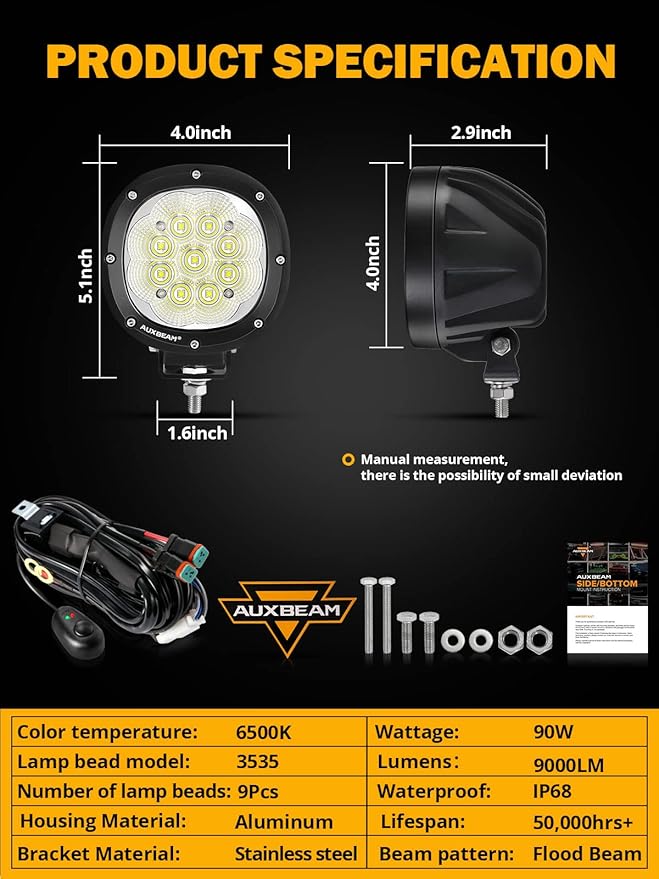 Auxbeam 4 Inch Round LED Light Pods, 90W Offroad Flood White Light Bar