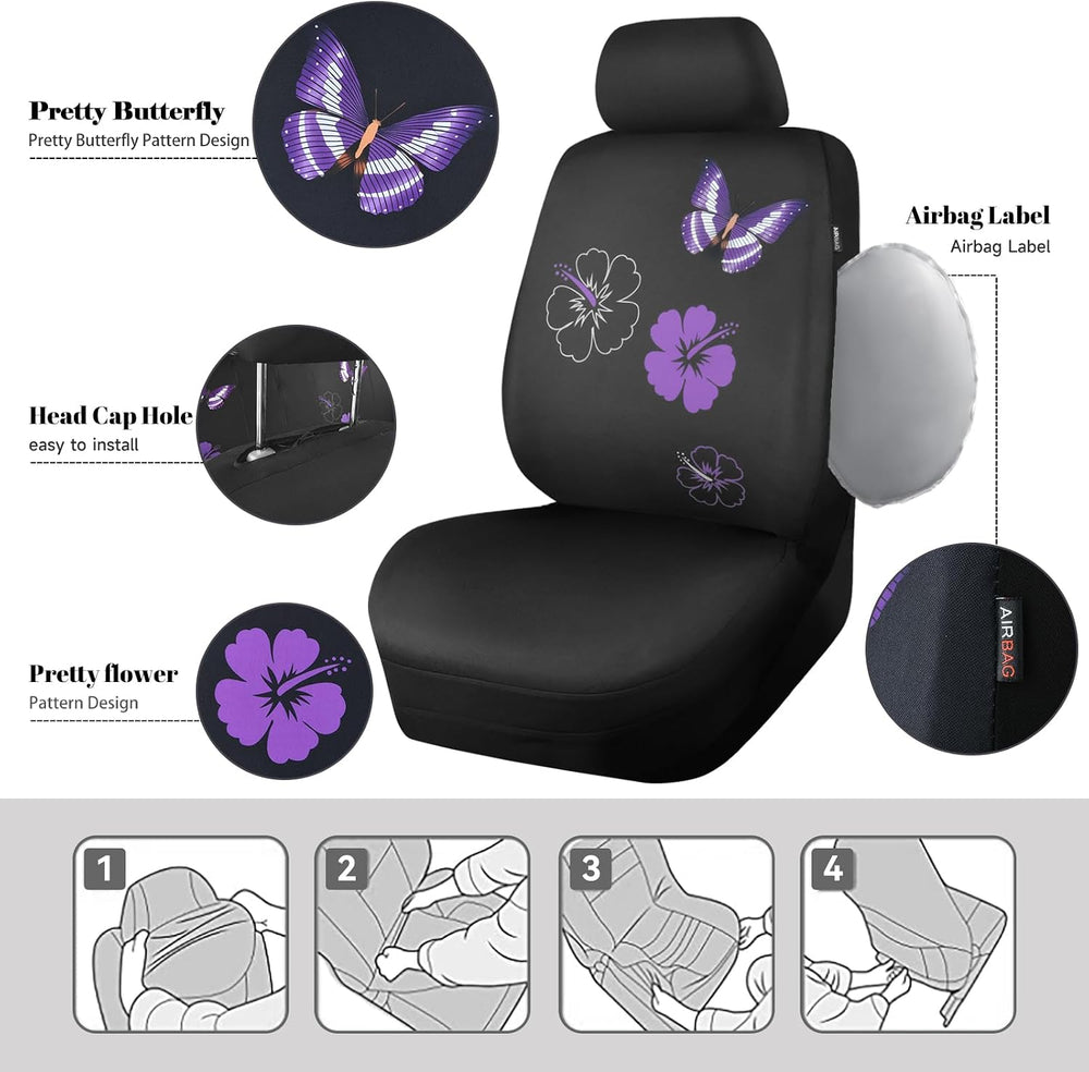 CAR PASS Universal Butterfly Car Seat Covers Front Set, Embroidered Flower Wa...