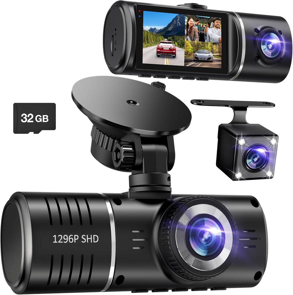 Dash Cam Front and Rear, 1296P Dash Camera for Cars, 3 Channel Car Camera Fro...