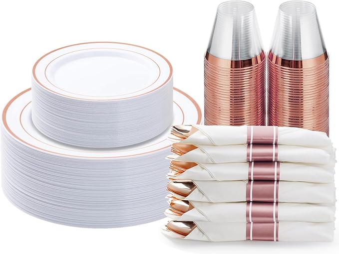 BESTVIP 175PCS Rose Gold Plastic Dinnerware Set, Disposable Party Plates for ...