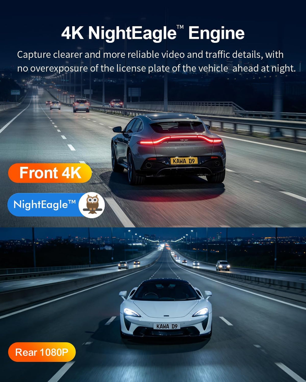 KAWA 4K Dash Cam Front Rear, Voice Control, GPS & Wi-Fi6 Dual Dash Camera