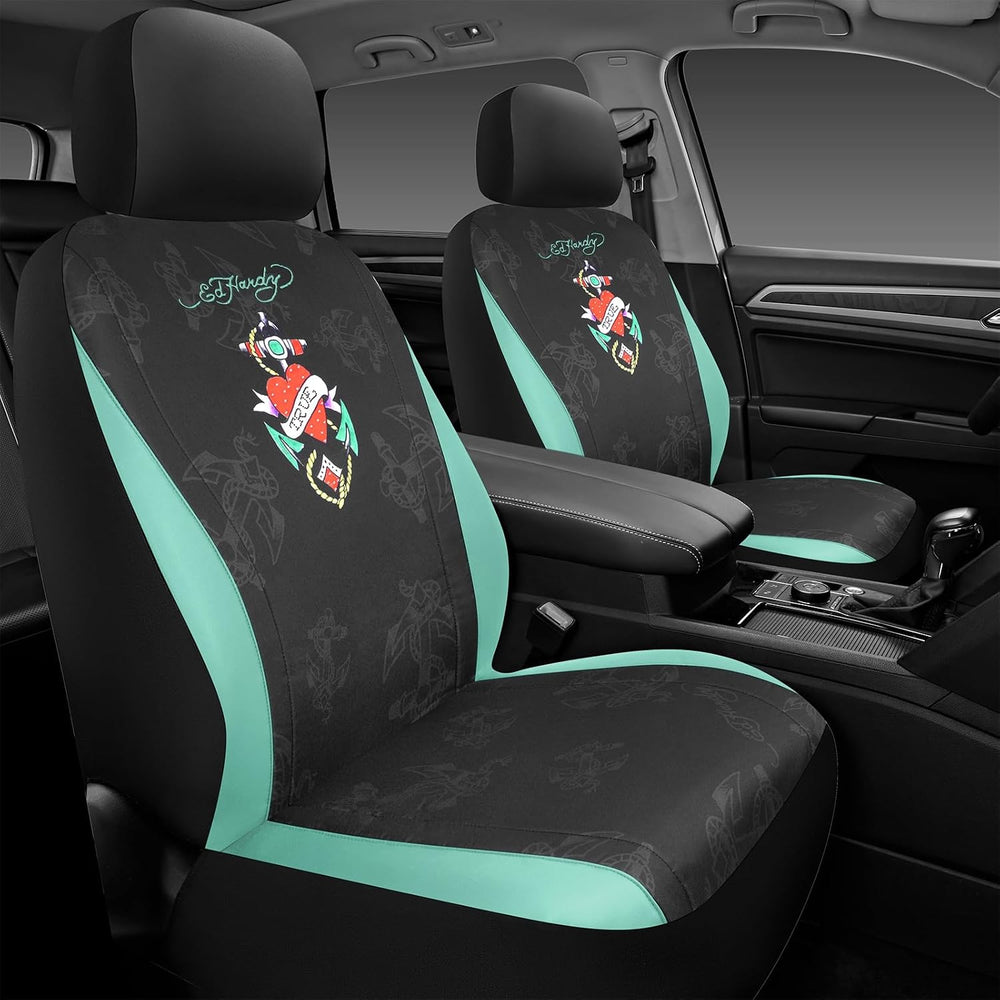 ED HARDY Heart Print Car Seat Covers, Mint Leather Patchwork Design Front Sea...