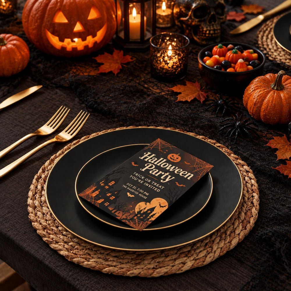 WDF 150PCS Black Plastic Plates - Black and Gold Halloween Plates Disposable ...
