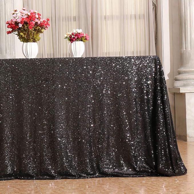 SquarePie Sequin Tablecloth 60 x 120 Inch Black Sparkly Table Linen for Hallo...