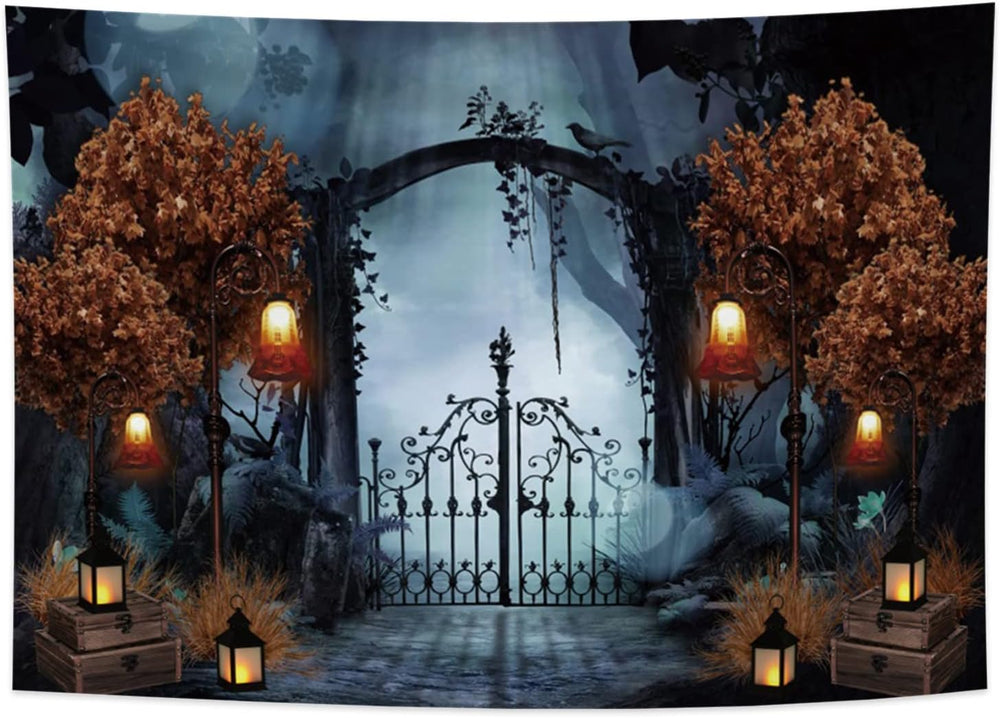 Halloween Backdrop 10x8ft Spooky Cemetery Gate Scary Photo Background