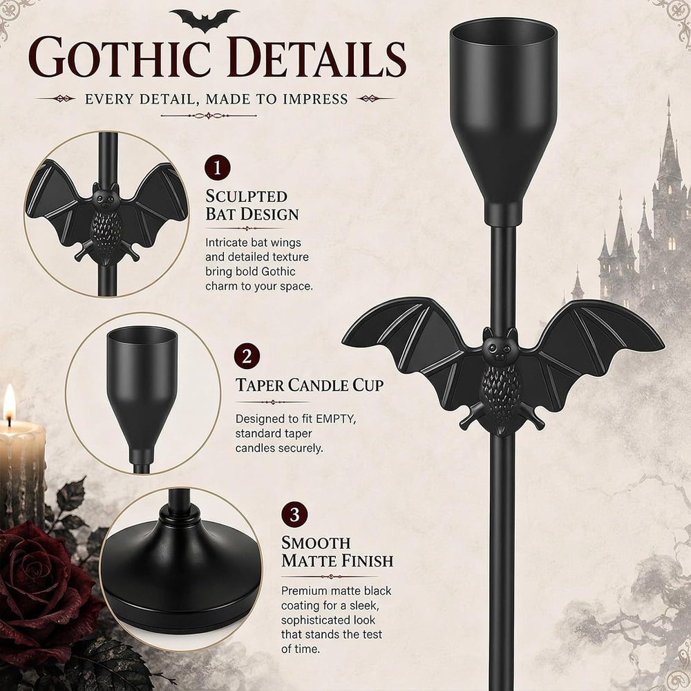 Ceenna 6 Pcs Halloween Bat Candle Holders, 3 Size Black Taper Candle Holder