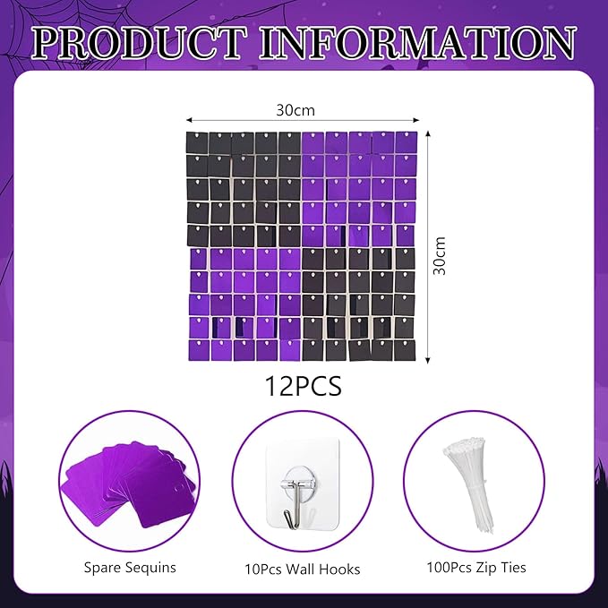 12PCS Black Purple Shimmer Wall Backdrop, Square Sequin Photo Backdrops Panel...