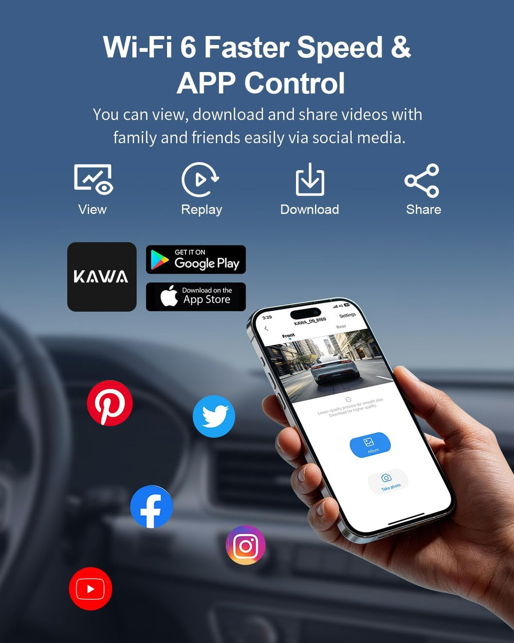 KAWA 4K Dash Cam Front Rear, Voice Control, GPS & Wi-Fi6 Dual Dash Camera