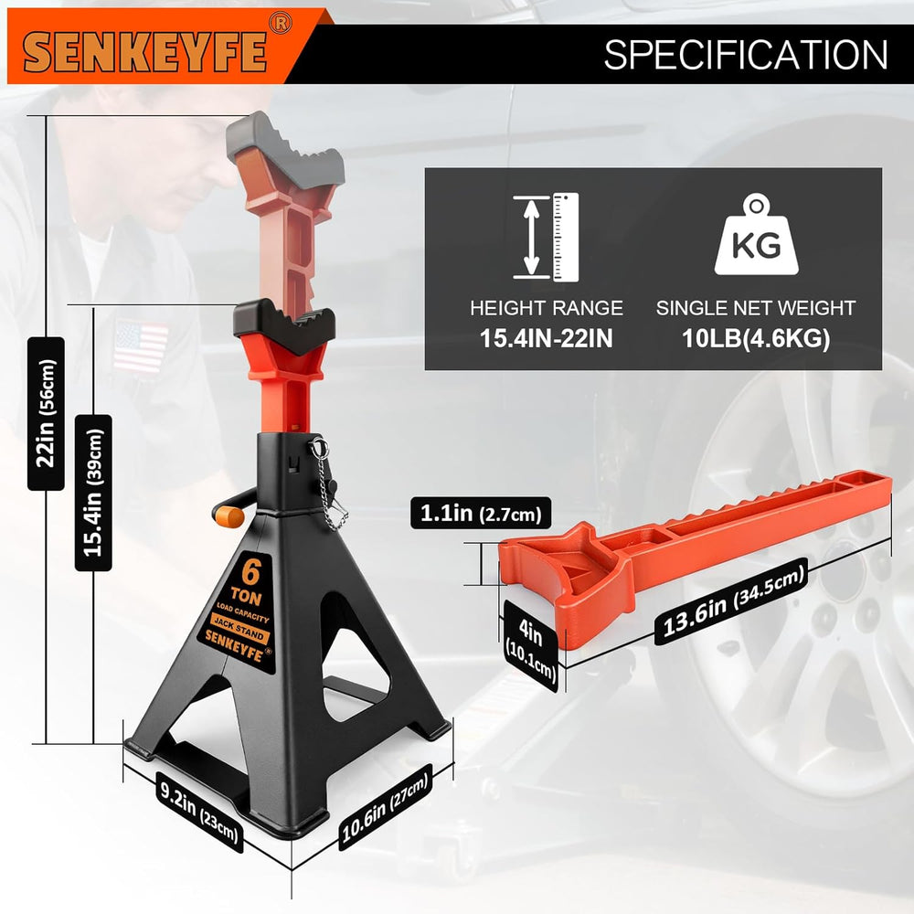 6 Ton (13,200 LBs) Jack Stands with Crossbars,Double Pin Locking,Rubber Cover...
