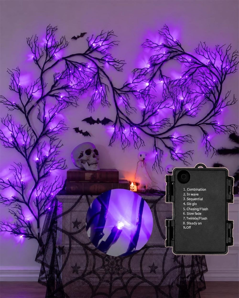 Halloween Twig Garland Decoration with 45 Purple LED Lights, 9 FT