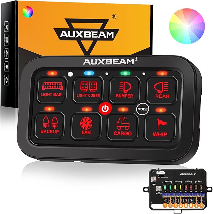 Auxbeam 8 Gang Switch Panel RA80 Toggle Momentary Pulsed RGB Dimmable