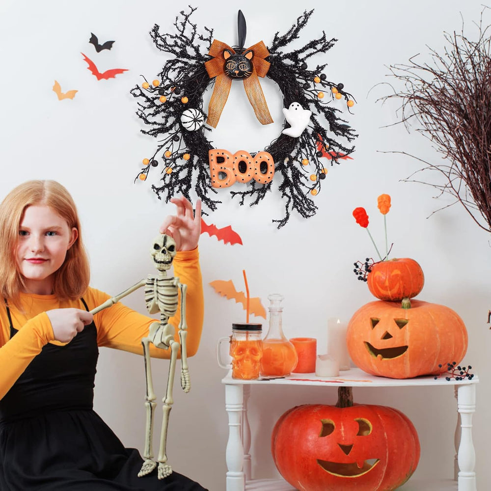 Halloween Wreaths for Front Door, 18Inch Halloween Wreath with Black Cat Boo ...