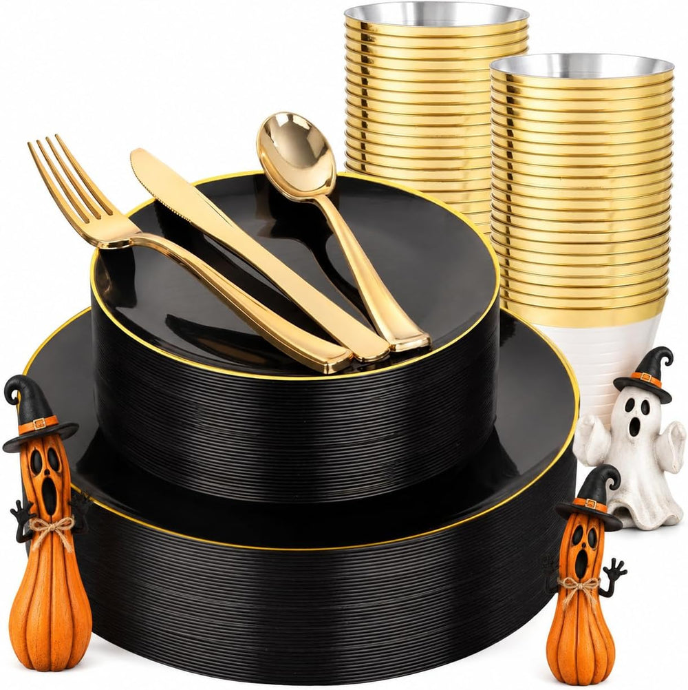 WDF 150PCS Black Plastic Plates - Black and Gold Halloween Plates Disposable ...