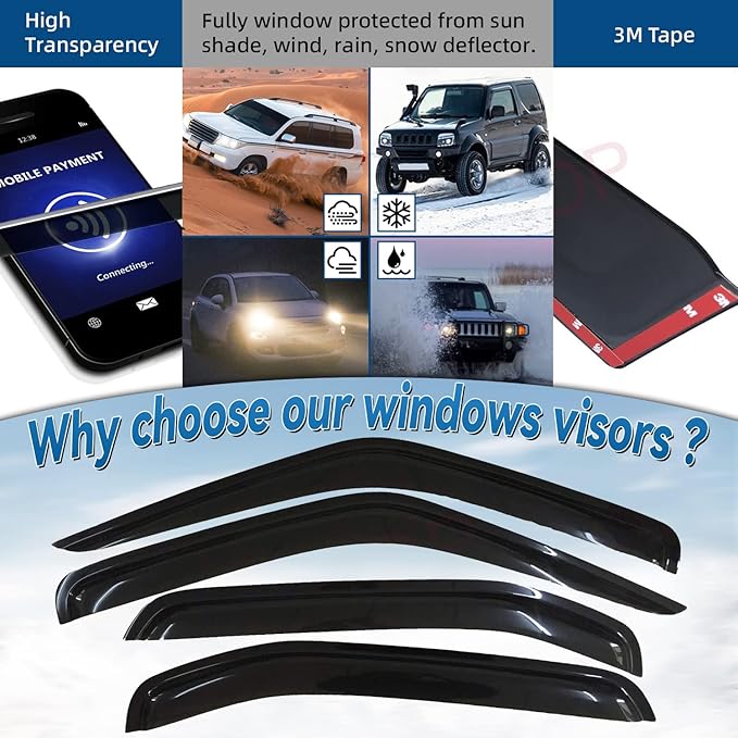 Set of 4 Front+Rear Smoke Sun/Rain Guard Outside Mount Tape-On Acrylic Window