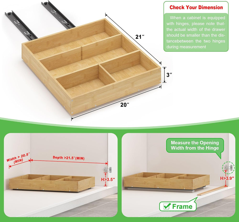 No Drill Pull Out Drawers for Cabinets, 20" W x 21" D Bamboo Adhesi...