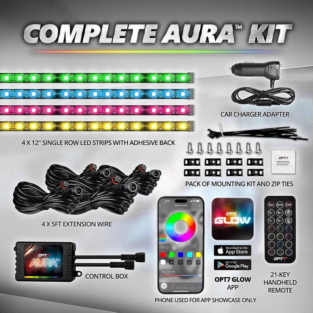 OPT7 Aura Pro Multicolor Interior Car Lights with App & Remote, 4PC LED Kit