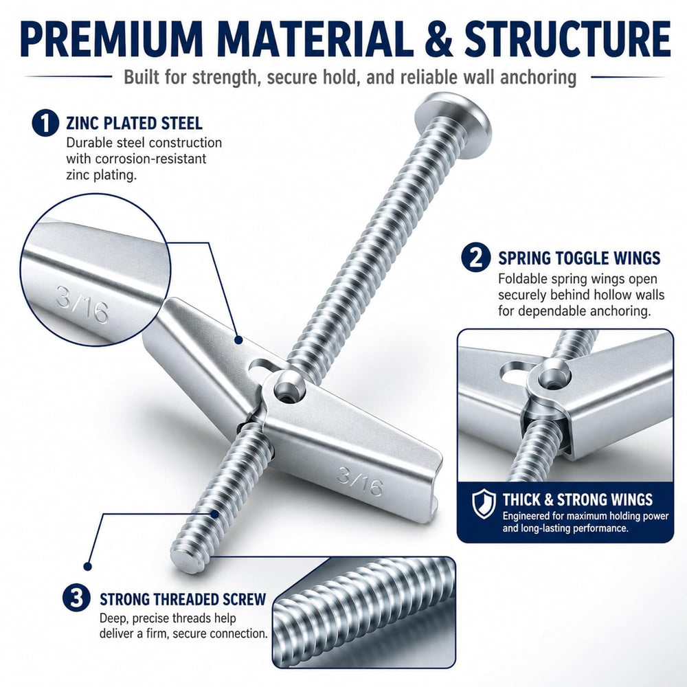 100-Pack 3/16" x 4" Toggle Bolts, Heavy Duty Spring Toggle Anchors ...