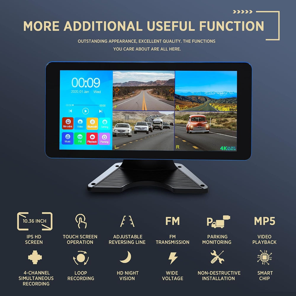 4CH Dash Cam Backup Camera with 10.36" Quad Split Touchscreen for RV