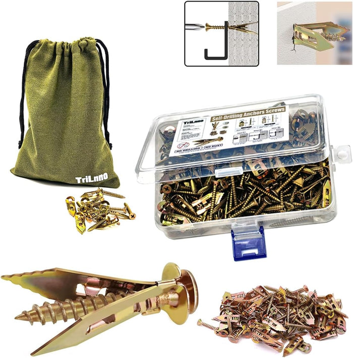Self Drilling Drywall Anchors and Screws,Dry Wall Anchors Heavy Duty,Drywall Screws and Anchors Repair Tools for Wet and Drywall Fixing Picture,Furniture,Flags,Outdoor Decor (100, 1.57in)
