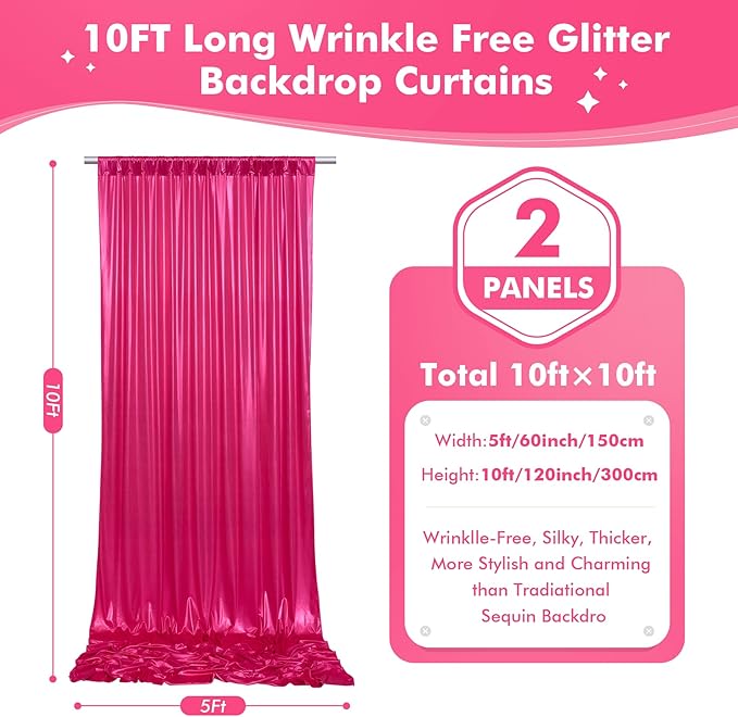 10x10ft Shimmer Hot Pink Sequin Backdrop Curtain for Parties, Thick Wrinkle F...