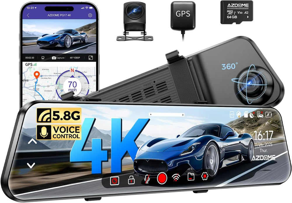 AZDOME PG17 2CH Mirror Dash Cam 4K - 12" Touch Screen - 24H Parking Mode...