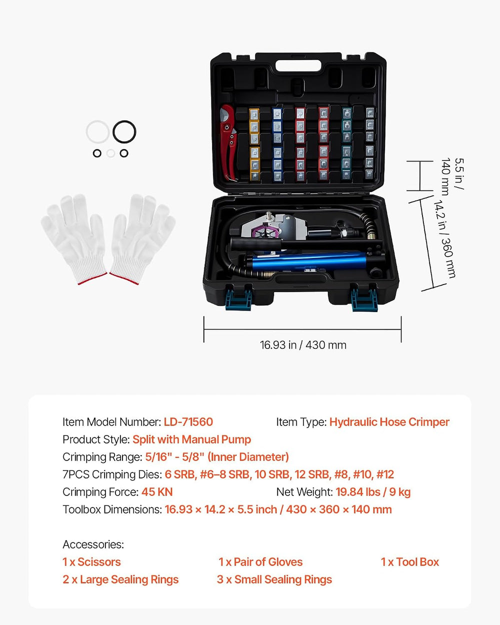 VEVOR Hydraulic Hose Crimper, Hydra-Krimp AC Hose Crimper Kit with 7 Dies Sna...