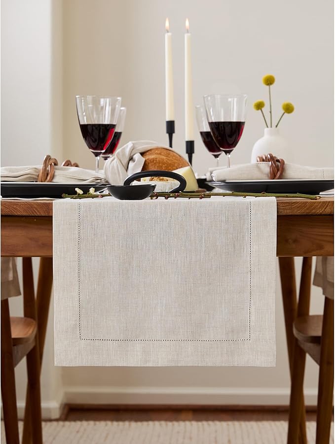 Solino Home Linen Light Natural Table Runner 48 Inches - Classic Hemstitch, 1...