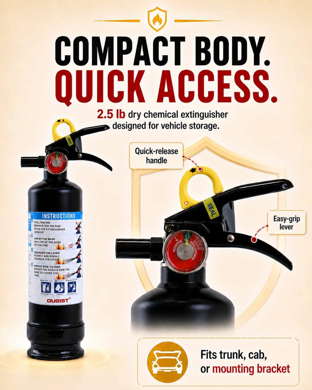 Ougist Car Fire Extinguisher, 1-A:10-B:C, FF1KG, 2.5lb Dry Chemical, 1 Pack