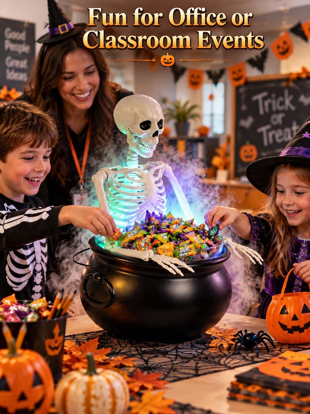 HOMELEX Halloween Cauldron Candy Bowl with Skeleton, LED Mist Maker Decor for...
