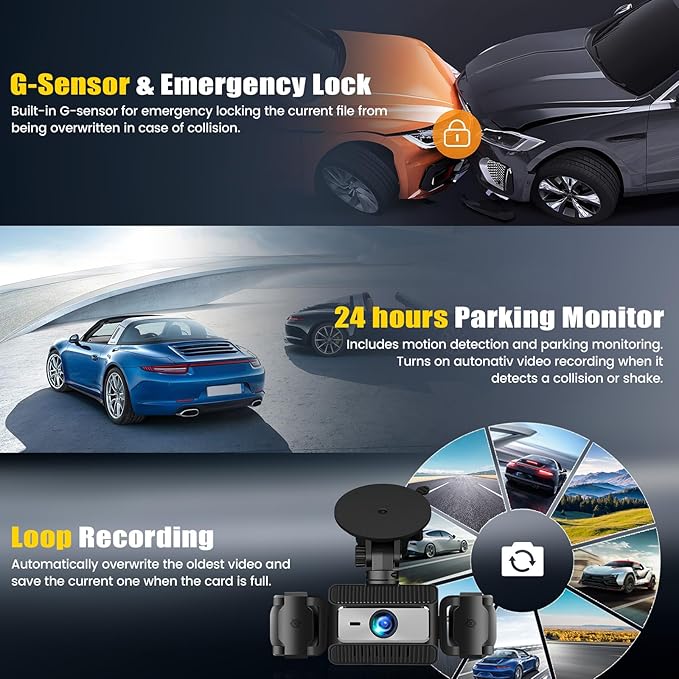 4 Channel Dash Cam Front and Rear Inside Left Right, 2.4 Inch 1080P Dash Camera