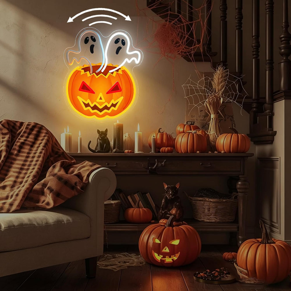 Halloween Waving Ghost Pumpkin Neon Sign Flashing Neon Window Light