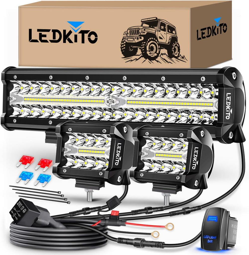 12Inch LED Light Bar and 4In LED Cube Pod Lights with Wire Harness
