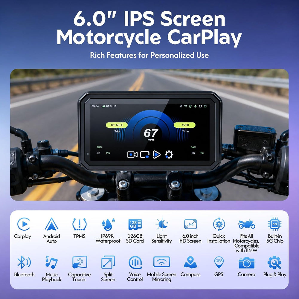 2026 LBW 6" Motorcycle CarPlay QLED Touchscreen (Includes 128G SD), with...