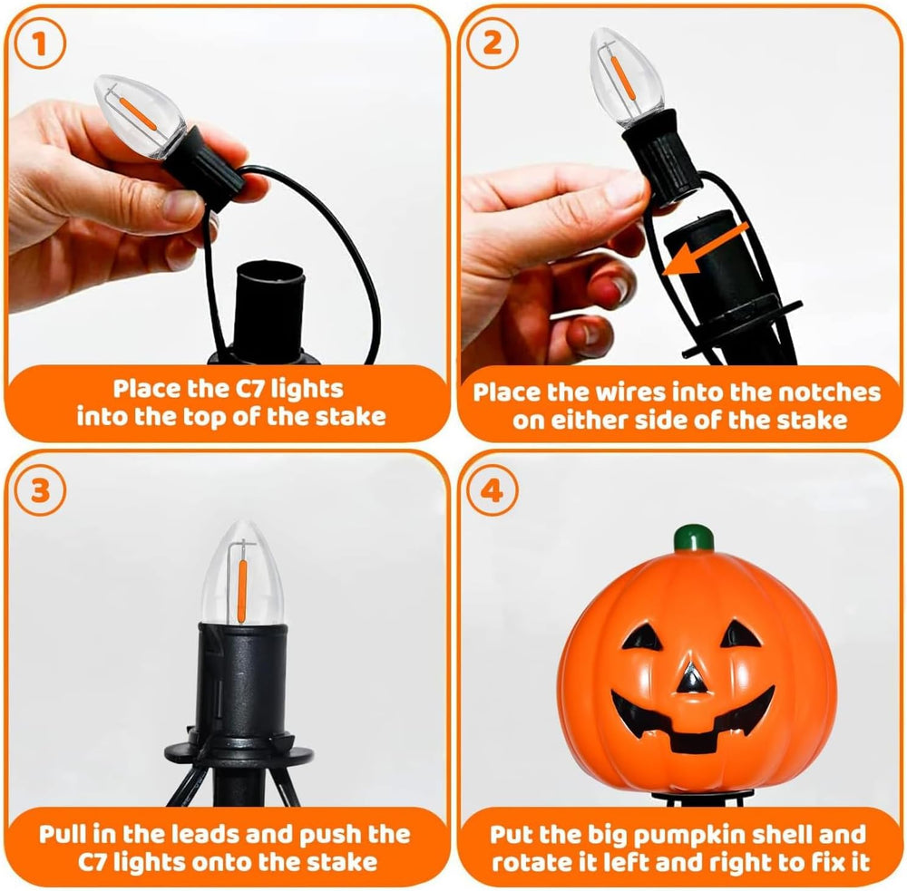 2 Sets 7Ft Halloween Pathway Lights Outdoor Pumpkin Stake Light with 4 Jack-O...
