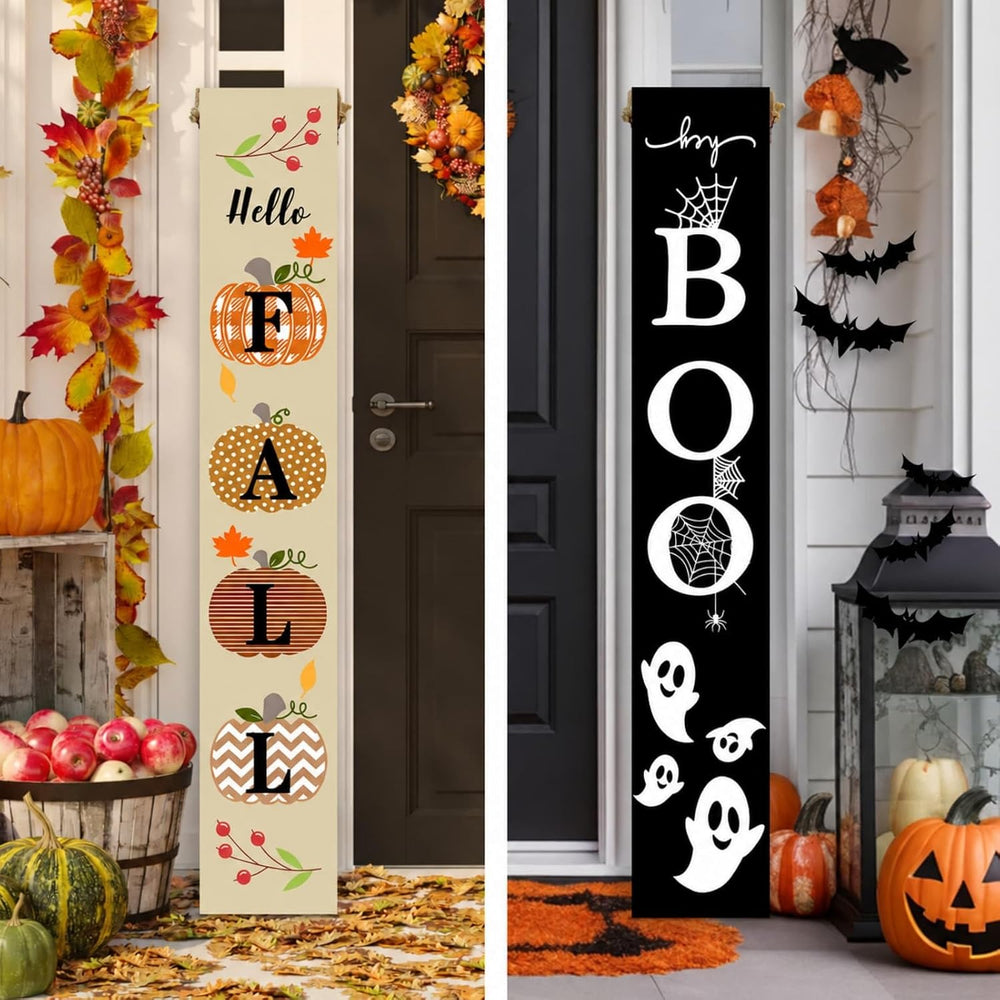 One-Piece Reversible Fall Halloween Porch Sign, Outdoor Decor