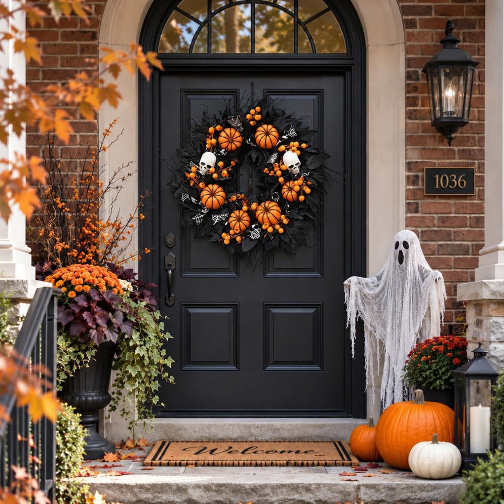 20" Halloween Wreath for Front Door, Black Gothic Spooky Outdoor Décor