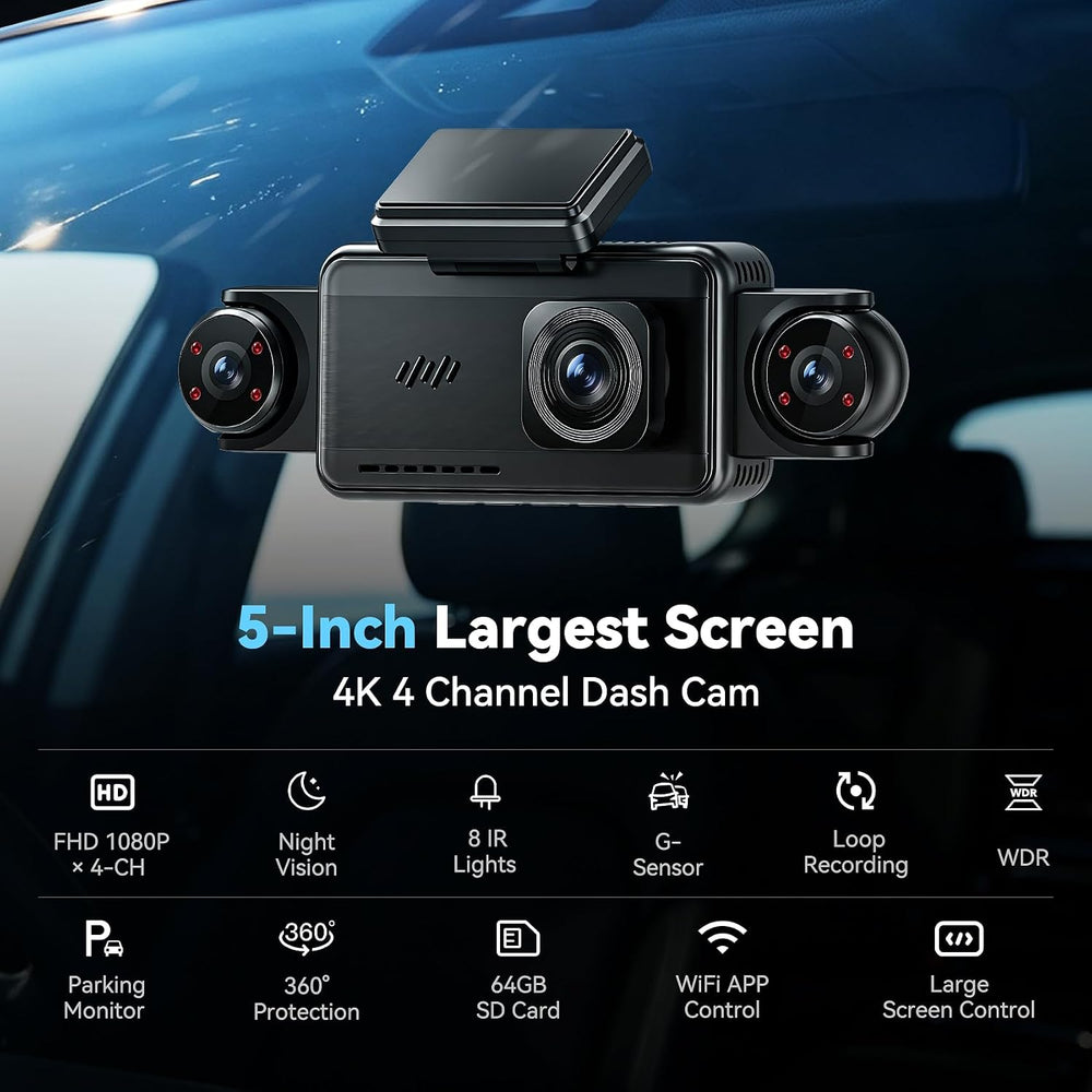 5'' Extra Large 4K Dash Cam Front Rear Left Right, 360° 4 Channel Das...