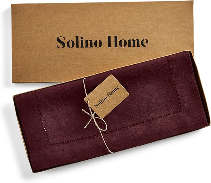 Solino Home Linen Burgundy Table Runner 72 Inches Long - 100% Pure Linen Hems...