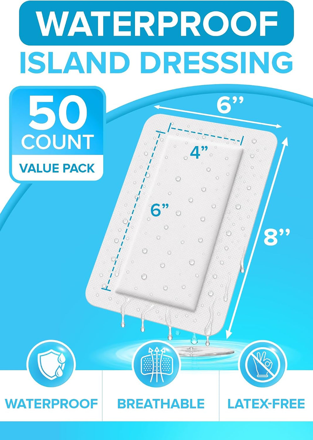 Island Dressing 6x8, 50-Pack, Wound Care & Dressings, Waterproof, FSA&...