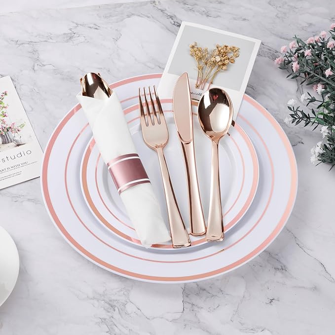BESTVIP 175PCS Rose Gold Plastic Dinnerware Set, Disposable Party Plates for ...