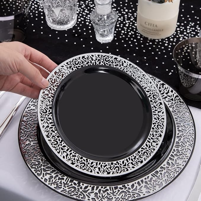 NOCCUR 210PCS Black and Silver Dinnerware Set for 30 Guests - Black Plastic P...