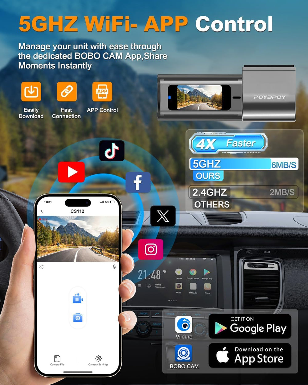 Dash Cam Front and Rear 4K, Built-in 5GHz WiFi with CPL, Dual Dashcams for Ca...