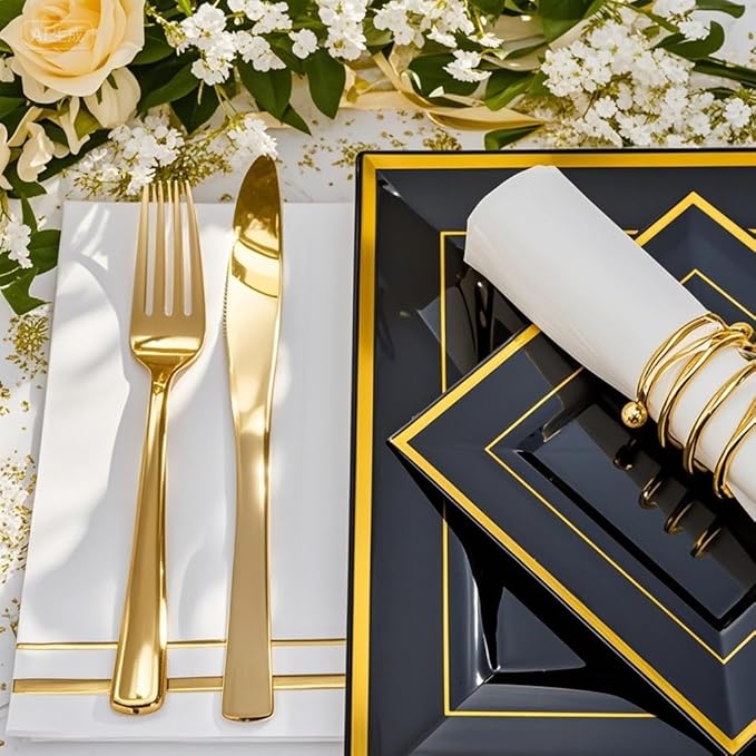 Festiva 350Pcs Black and Gold Plastic Plates-50Guests Disposable Square Black...