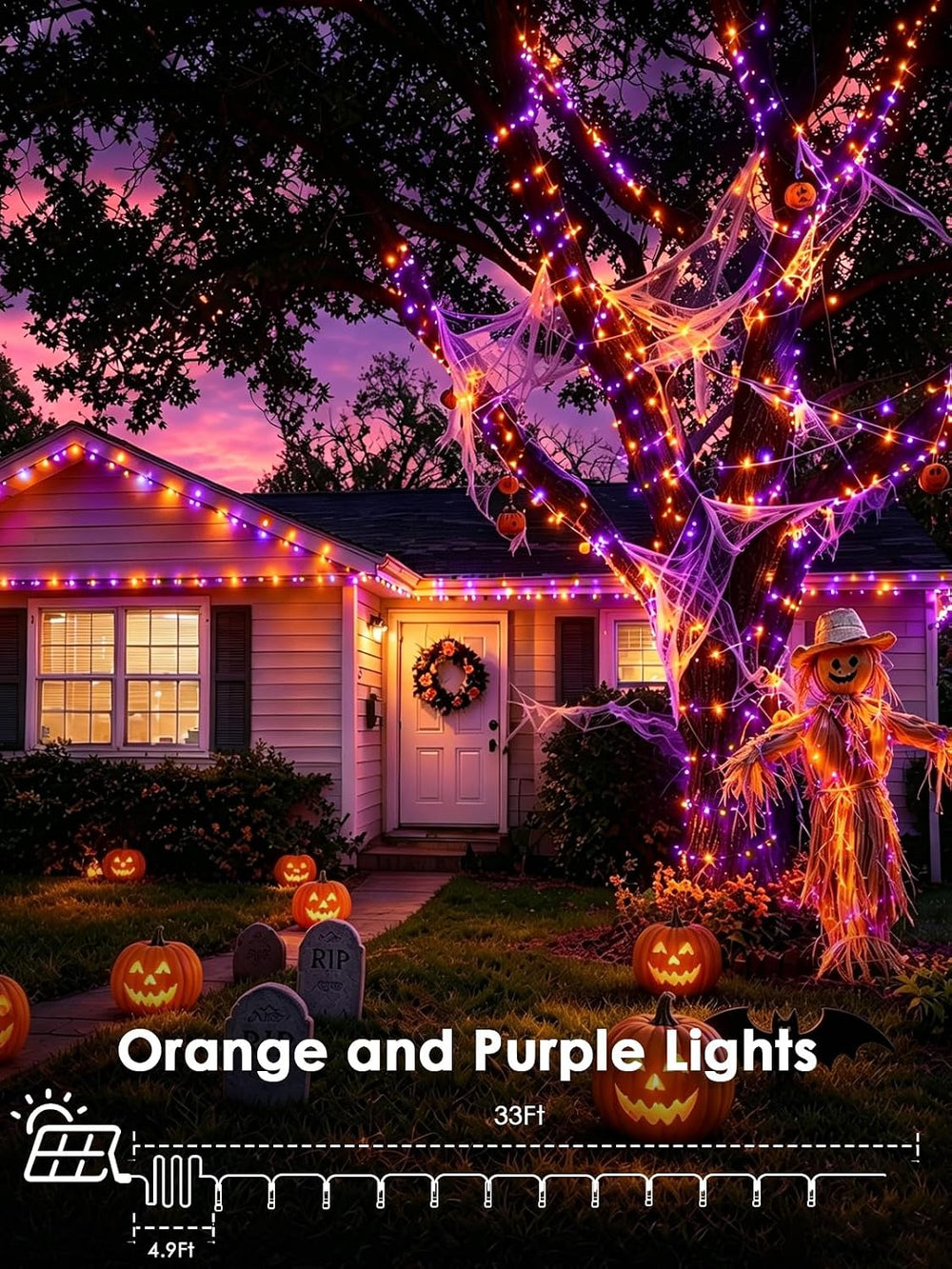 Solar Halloween Lights 4 Pack 152FT 400 LED String Lights Purple and Orange