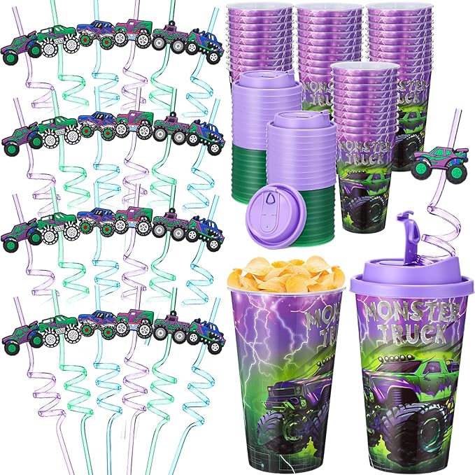 Yungyan 24 Sets Green Purple Monster Truck Party Favors Goodie Cups with Lids...