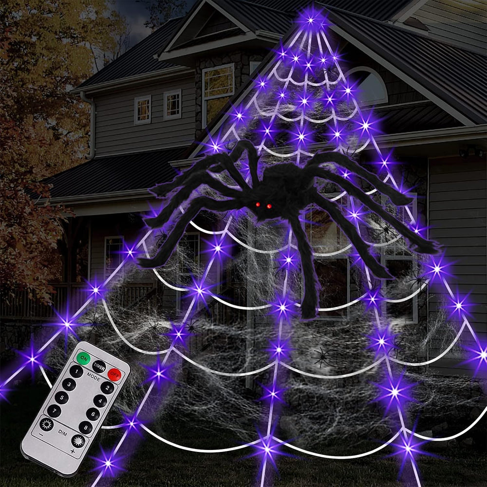 Spider Web Halloween Decorations Outdoor Lights, 125 Purple LED Light Up 16.4...