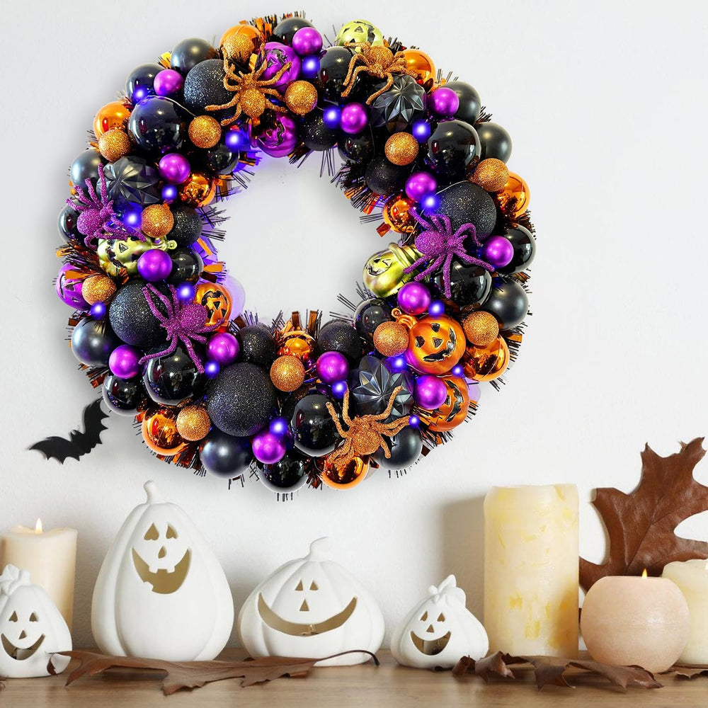 HipTree 17 Inch Halloween Ball Wreath for Front Door with Lights